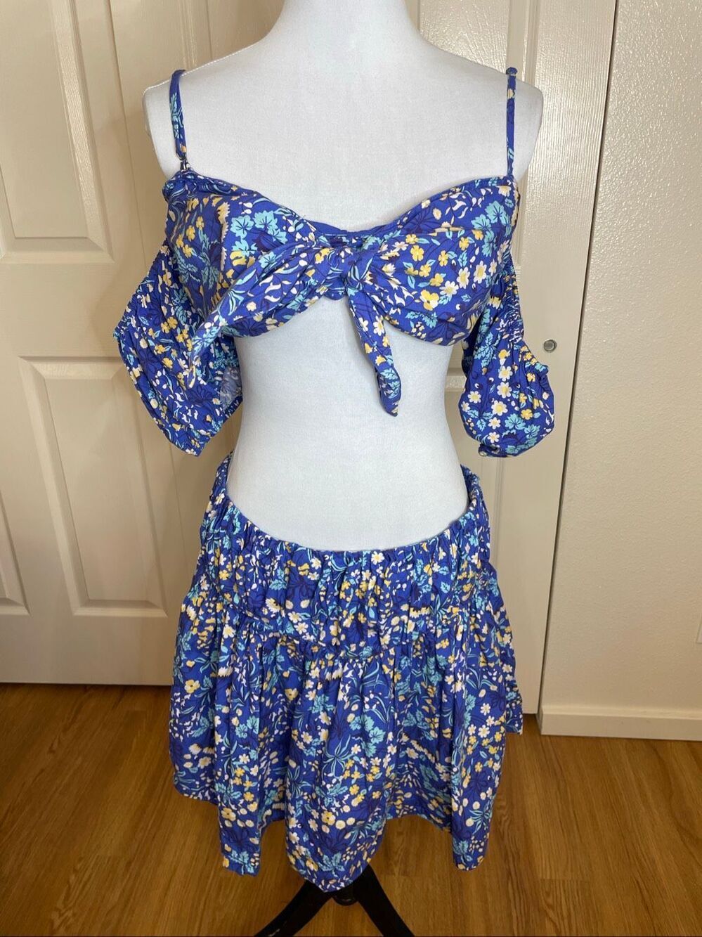 Anthropologie Maeve Cotton Boho Floral Crop Puff Sleeve Summer Skirt Set Blue Si